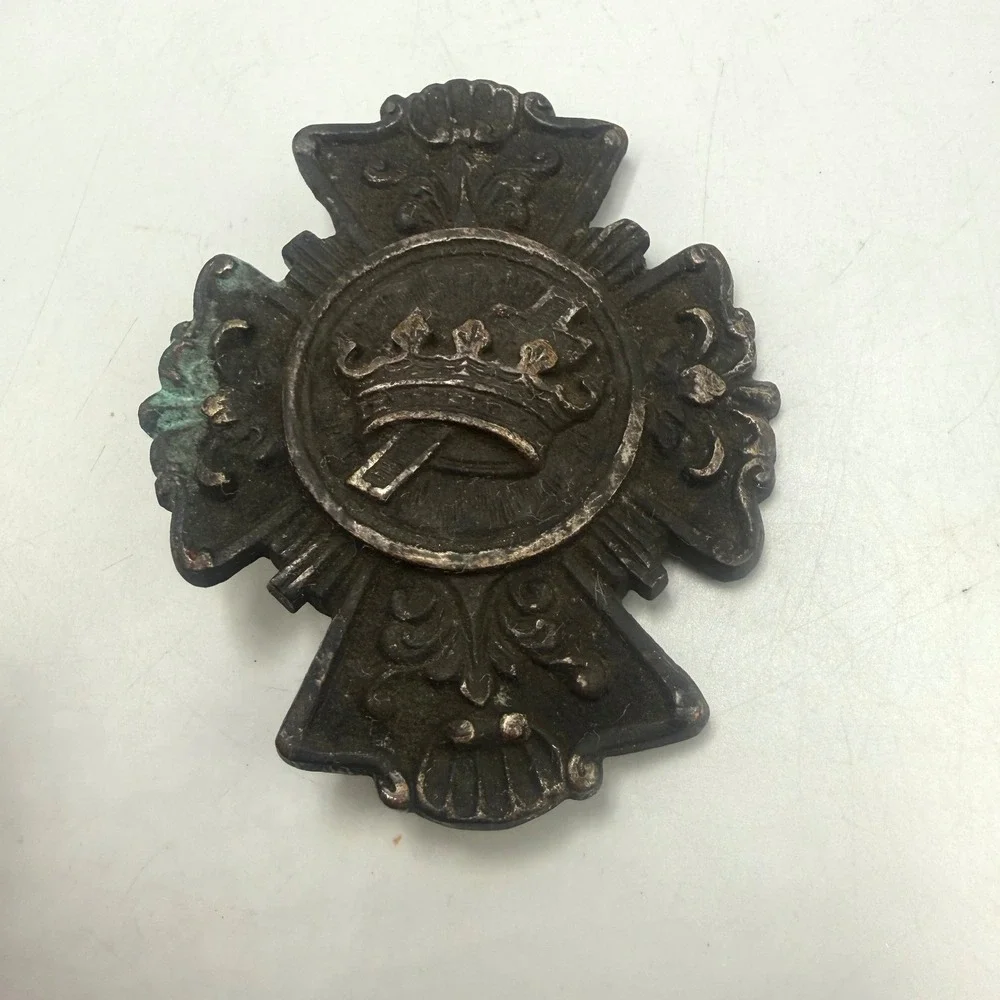Vintage Heraldic Crown Cross Belt Buckle Gothic Regal Cast Metal Patina 3 Inch